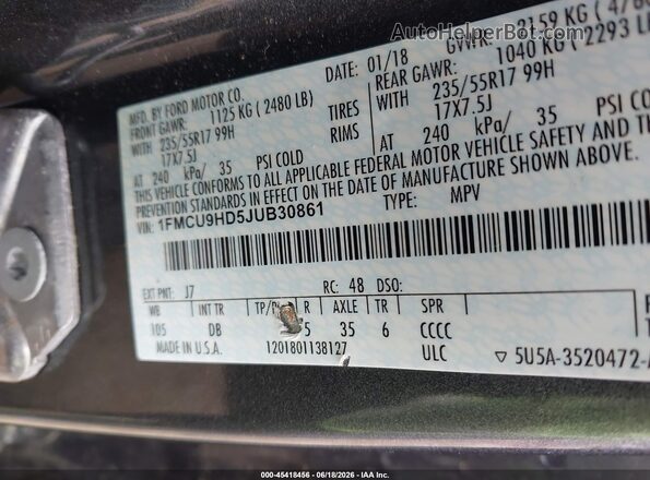 1FMCU9HD5JUB30861 2018 FORD ESCAPE Gray Widok komory silnika