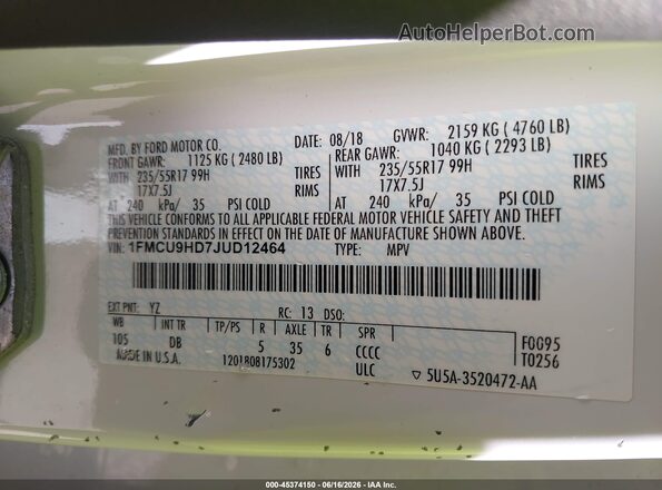 1FMCU9HD7JUD12464 2018 FORD ESCAPE White Շարժիչի բաժամունքի տեսք