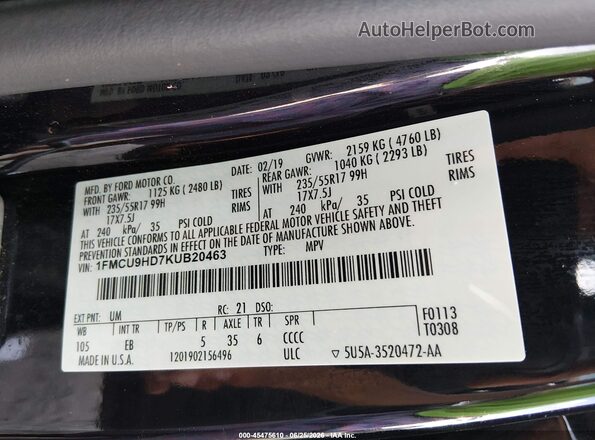 1FMCU9HD7KUB20463 2019 FORD ESCAPE Черный Вид подкапотного пространства
