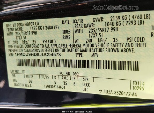 1FMCU9HD8JUC04578 2018 FORD ESCAPE Black Widok komory silnika