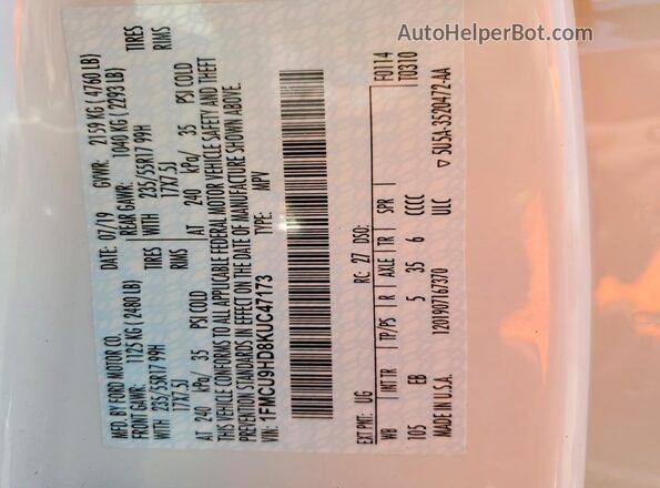 1FMCU9HD8KUC47173 2019 FORD ESCAPE Белый 