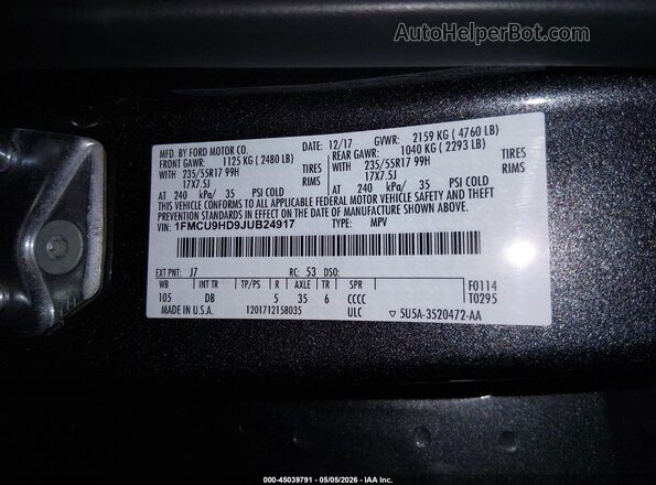 1FMCU9HD9JUB24917 2018 FORD ESCAPE Черный Вид подкапотного пространства