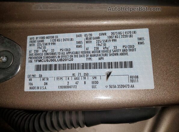 1FMCU9J90LUB20120 2020 FORD ESCAPE Gold VIN sticker view