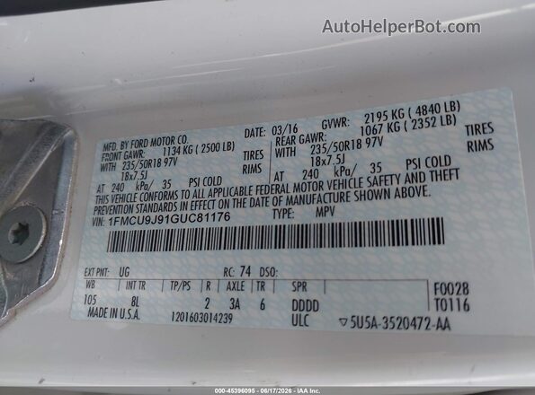 1FMCU9J91GUC81176 2016 FORD ESCAPE White Շարժիչի բաժամունքի տեսք