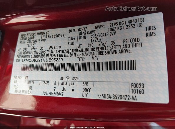 1FMCU9J91HUE95229 2017 FORD ESCAPE Burgundy ძრავის განყოფილების ხედი