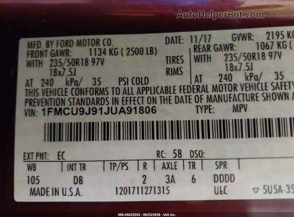 1FMCU9J91JUA91806 2018 FORD ESCAPE Brown ძრავის განყოფილების ხედი