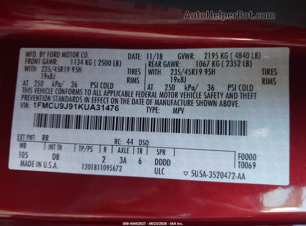 1FMCU9J91KUA31476 2019 FORD ESCAPE Red Engine compartment view
