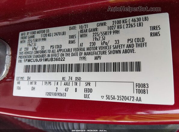 1FMCU9J91MUB36022 2021 FORD ESCAPE Red Engine compartment view