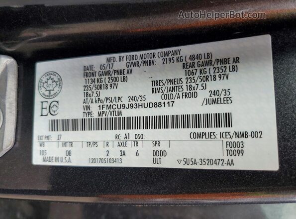 1FMCU9J93HUD88117 2017 FORD ESCAPE Gray Սալոնի 360 աստիճան տեսք