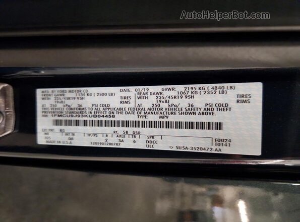 1FMCU9J93KUB04458 2019 FORD ESCAPE Charcoal VIN sticker view