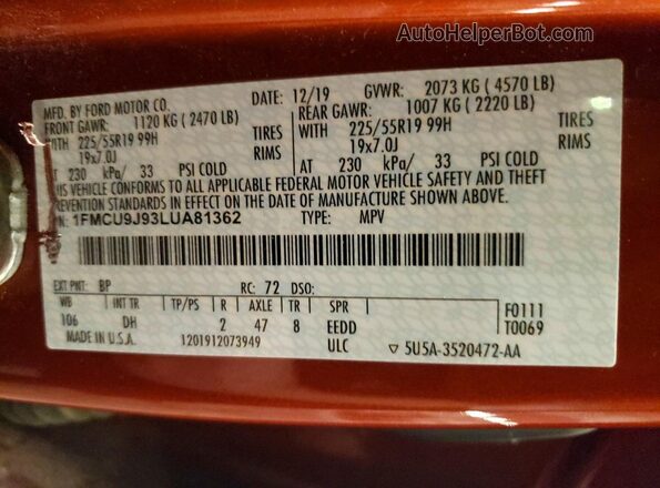1FMCU9J93LUA81362 2020 FORD ESCAPE Orange Widok naklejki z numerem VIN