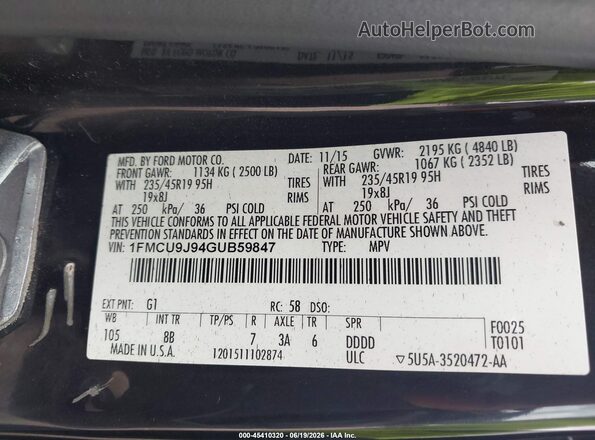 1FMCU9J94GUB59847 2016 FORD ESCAPE Black Vista del compartimento del motor