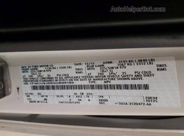 1FMCU9J95GUB99189 2016 FORD ESCAPE White VIN sticker view