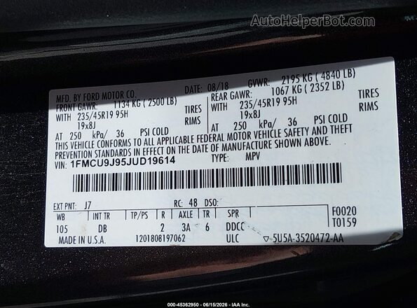 1FMCU9J95JUD19614 2018 FORD ESCAPE Gray Engine compartment view