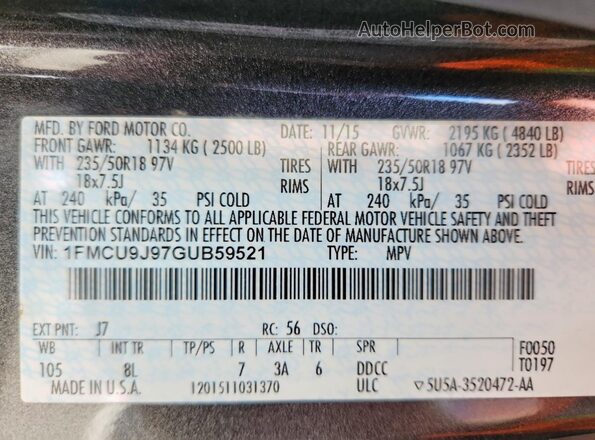 1FMCU9J97GUB59521 2016 FORD ESCAPE Серый 