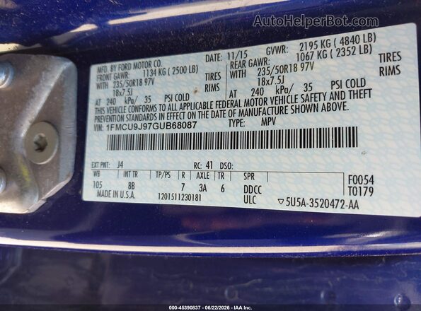 1FMCU9J97GUB68087 2016 FORD ESCAPE Blue Vista del compartimento del motor