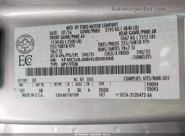 1FMCU9J98HUB06568 2017 FORD ESCAPE White Widok komory silnika