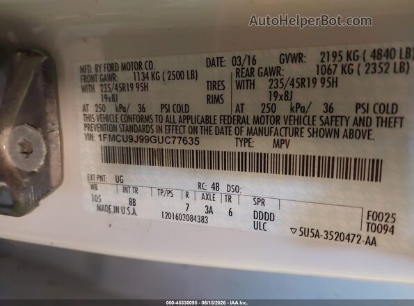 1FMCU9J99GUC77635 2016 FORD ESCAPE Белый Вид подкапотного пространства