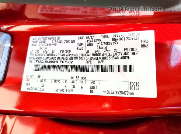 1FMCU9J99HUE07902 2017 FORD ESCAPE Burgundy 