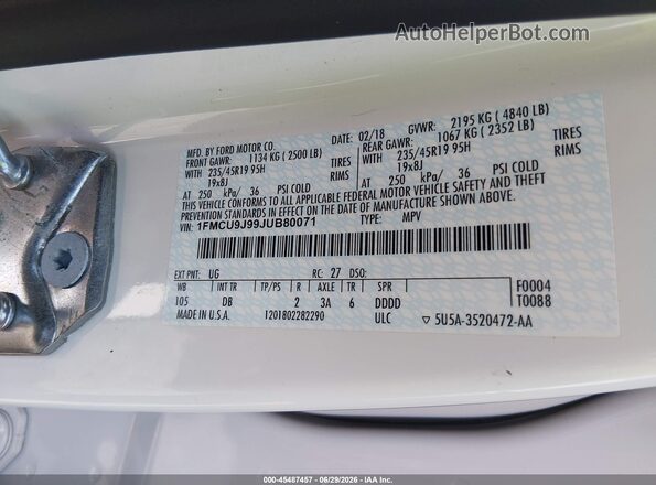 1FMCU9J99JUB80071 2018 FORD ESCAPE White Շարժիչի բաժամունքի տեսք
