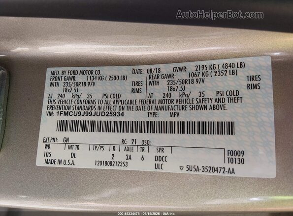 1FMCU9J99JUD25934 2018 FORD ESCAPE Gold 