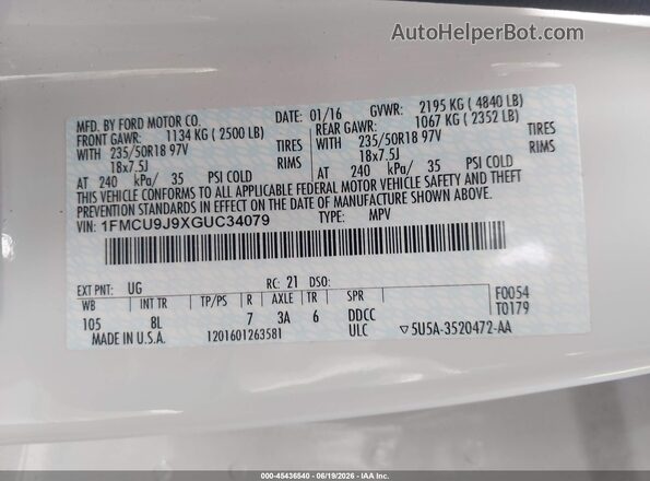 1FMCU9J9XGUC34079 2016 FORD ESCAPE White Շարժիչի բաժամունքի տեսք