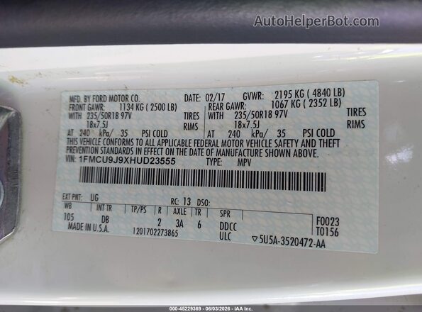 1FMCU9J9XHUD23555 2017 FORD ESCAPE White ძრავის განყოფილების ხედი