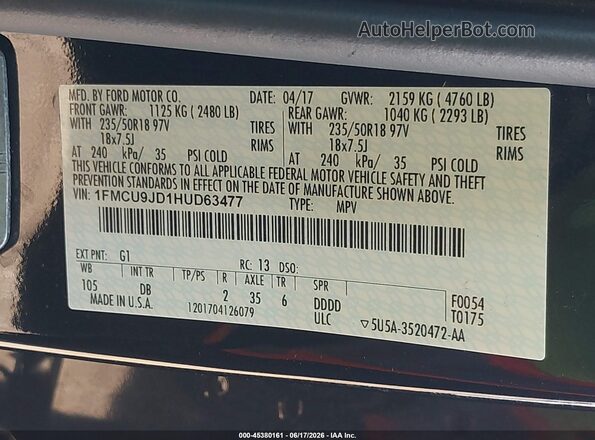 1FMCU9JD1HUD63477 2017 FORD ESCAPE Black Widok komory silnika