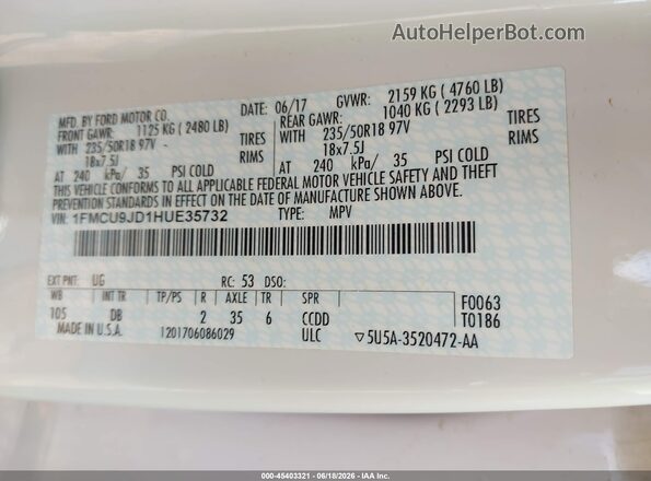 1FMCU9JD1HUE35732 2017 FORD ESCAPE White Vista de la etiqueta del VIN