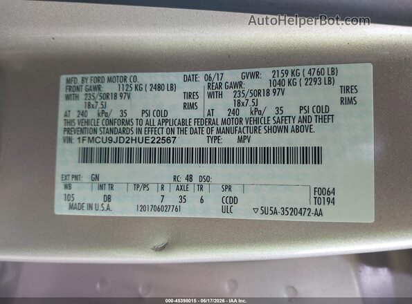 1FMCU9JD2HUE22567 2017 FORD ESCAPE Золотой Вид подкапотного пространства