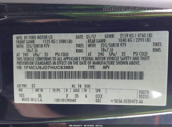 1FMCU9JD7HUC83889 2017 FORD ESCAPE Black Engine compartment view