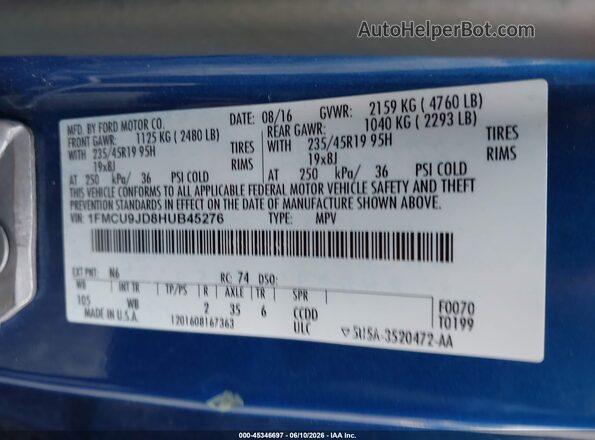 1FMCU9JD8HUB45276 2017 FORD ESCAPE Blue Engine compartment view