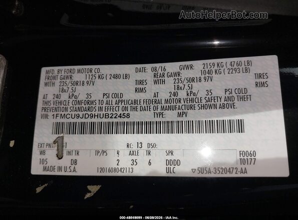 1FMCU9JD9HUB22458 2017 FORD ESCAPE Black Շարժիչի բաժամունքի տեսք