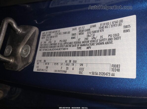 1FMCU9JDXHUE73511 2017 FORD ESCAPE Blue Widok komory silnika