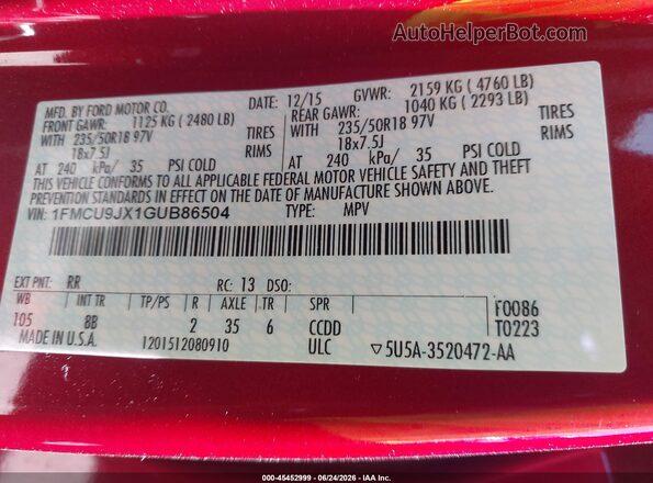 1FMCU9JX1GUB86504 2016 FORD ESCAPE Red Вид підкапотного простору
