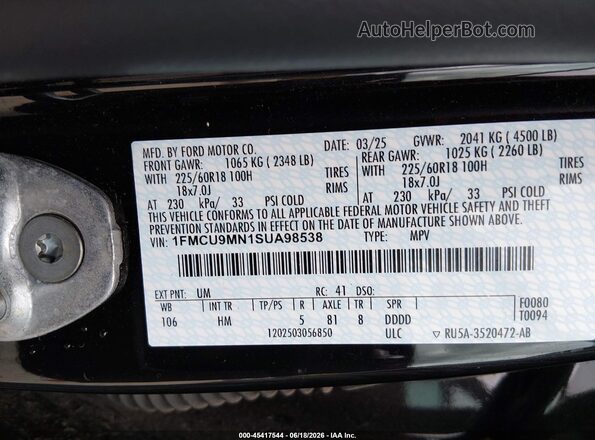 1FMCU9MN1SUA98538 2025 FORD ESCAPE Black ძრავის განყოფილების ხედი