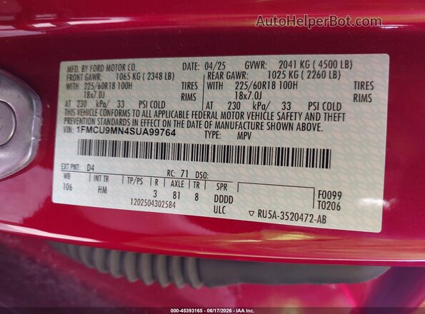 1FMCU9MN4SUA99764 2025 FORD ESCAPE Red Շարժիչի բաժամունքի տեսք