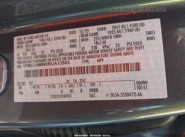 1FMCU9MNXRUA13593 2024 FORD ESCAPE Gray Vista del compartimento del motor