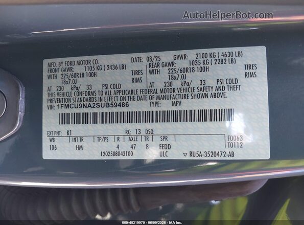 1FMCU9NA2SUB59486 2025 FORD ESCAPE Gray Engine compartment view