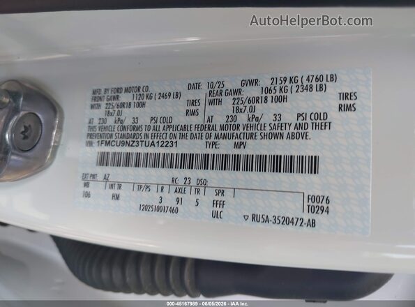 1FMCU9NZ3TUA12231 2026 FORD ESCAPE White Widok komory silnika