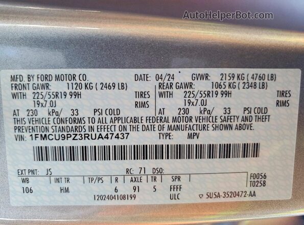 1FMCU9PZ3RUA47437 2024 FORD ESCAPE Silver VIN կոդի պիտակի տեսք