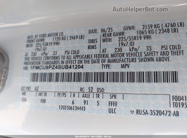 1FMCU9PZ4SUB41204 2025 FORD ESCAPE White Engine compartment view