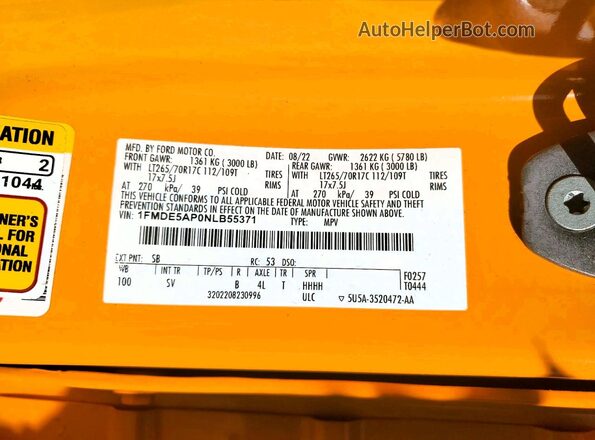 1FMDE5AP0NLB55371 2022 FORD BRONCO Yellow Widok wnętrza 360 stopni