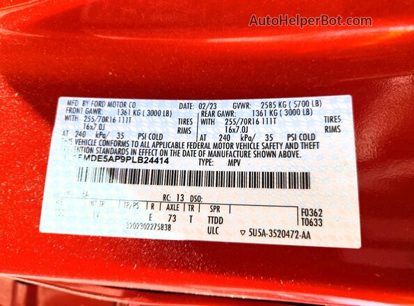 1FMDE5AP9PLB24414 2023 FORD BRONCO Красный Панорамный вид салона 360°