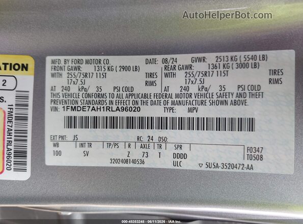1FMDE7AH1RLA96020 2024 FORD BRONCO Silver ძრავის განყოფილების ხედი