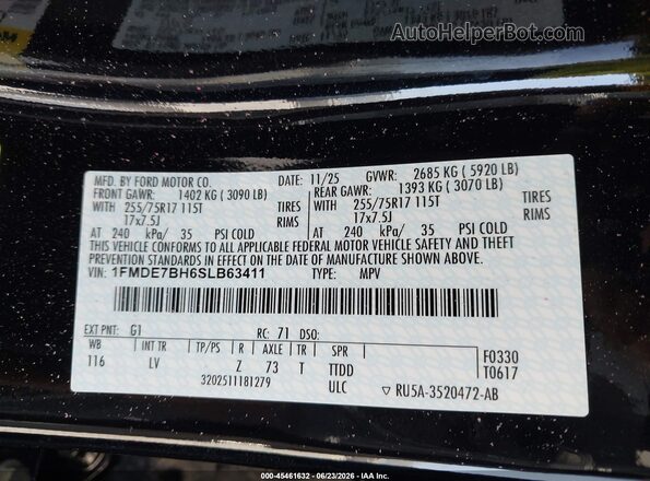 1FMDE7BH6SLB63411 2025 FORD BRONCO Black Շարժիչի բաժամունքի տեսք