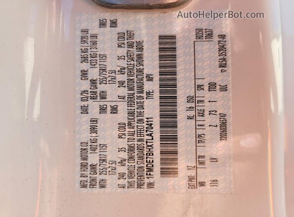 1FMDE7BHXTLA70411 2026 FORD BRONCO White Widok naklejki z numerem VIN