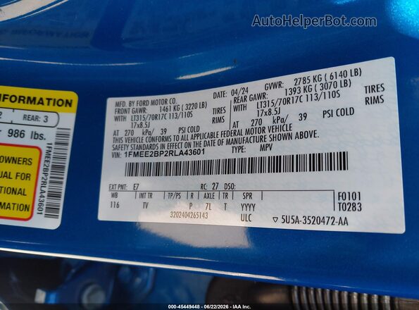 1FMEE2BP2RLA43601 2024 FORD BRONCO Blue ძრავის განყოფილების ხედი
