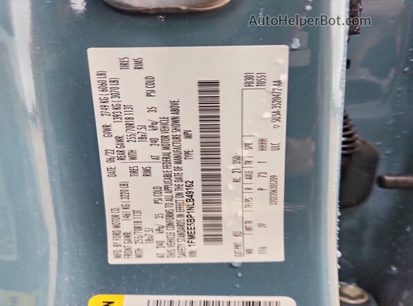 1FMEE5BP1NLB49162 2022 FORD BRONCO Blue Widok naklejki z numerem VIN