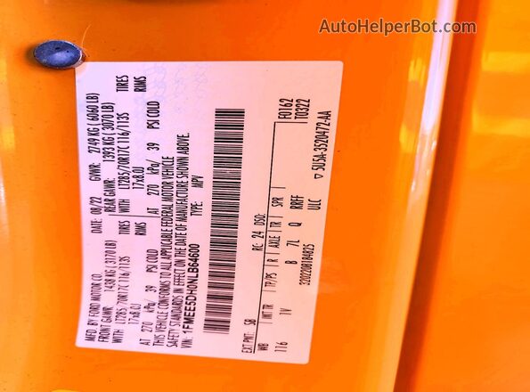 1FMEE5DH0NLB64600 2022 FORD BRONCO Orange Вид наклейки з VIN-кодом